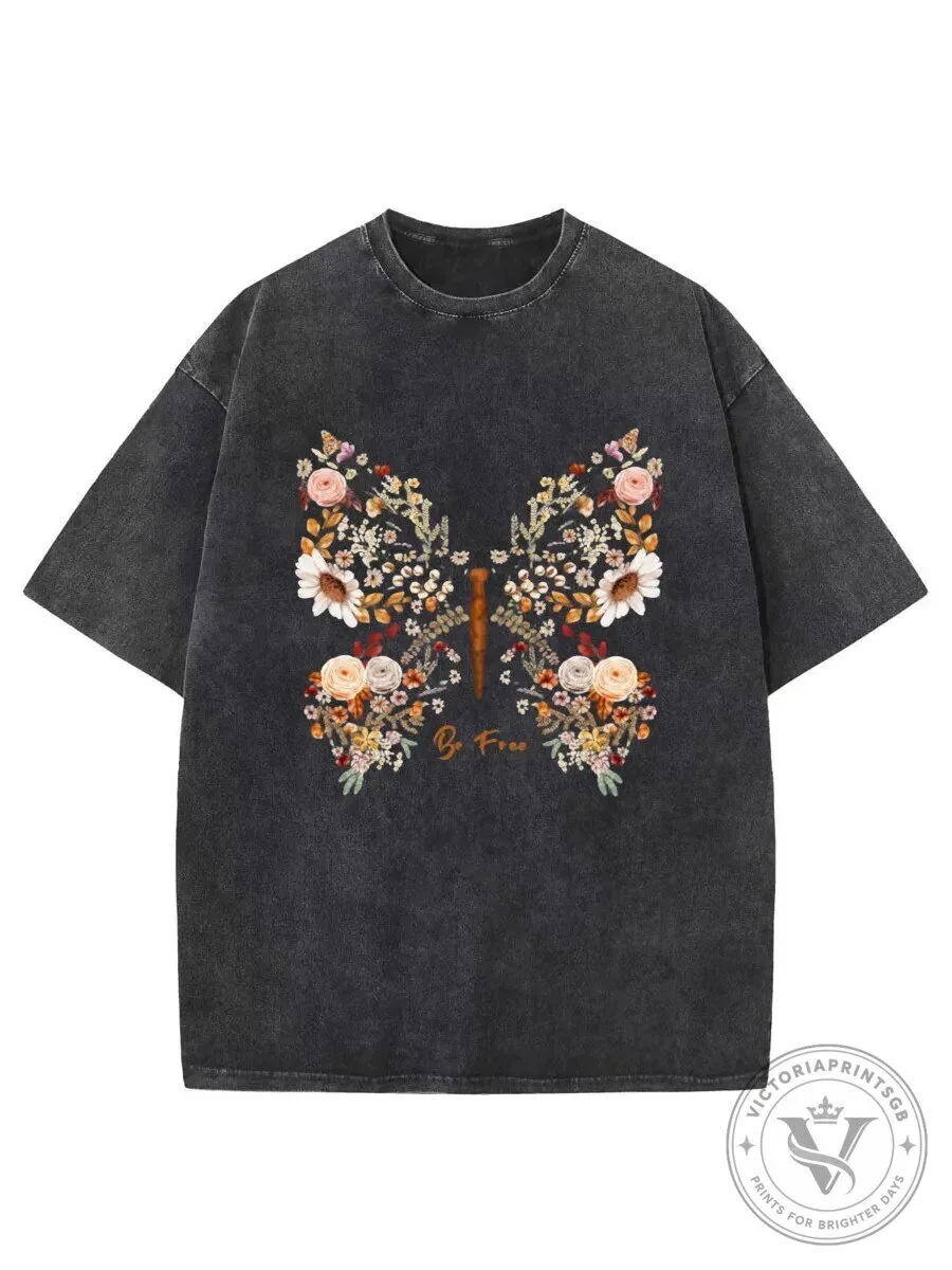 Vintage Butterfly Wildflower Washed Graphic T-Shirt for Women