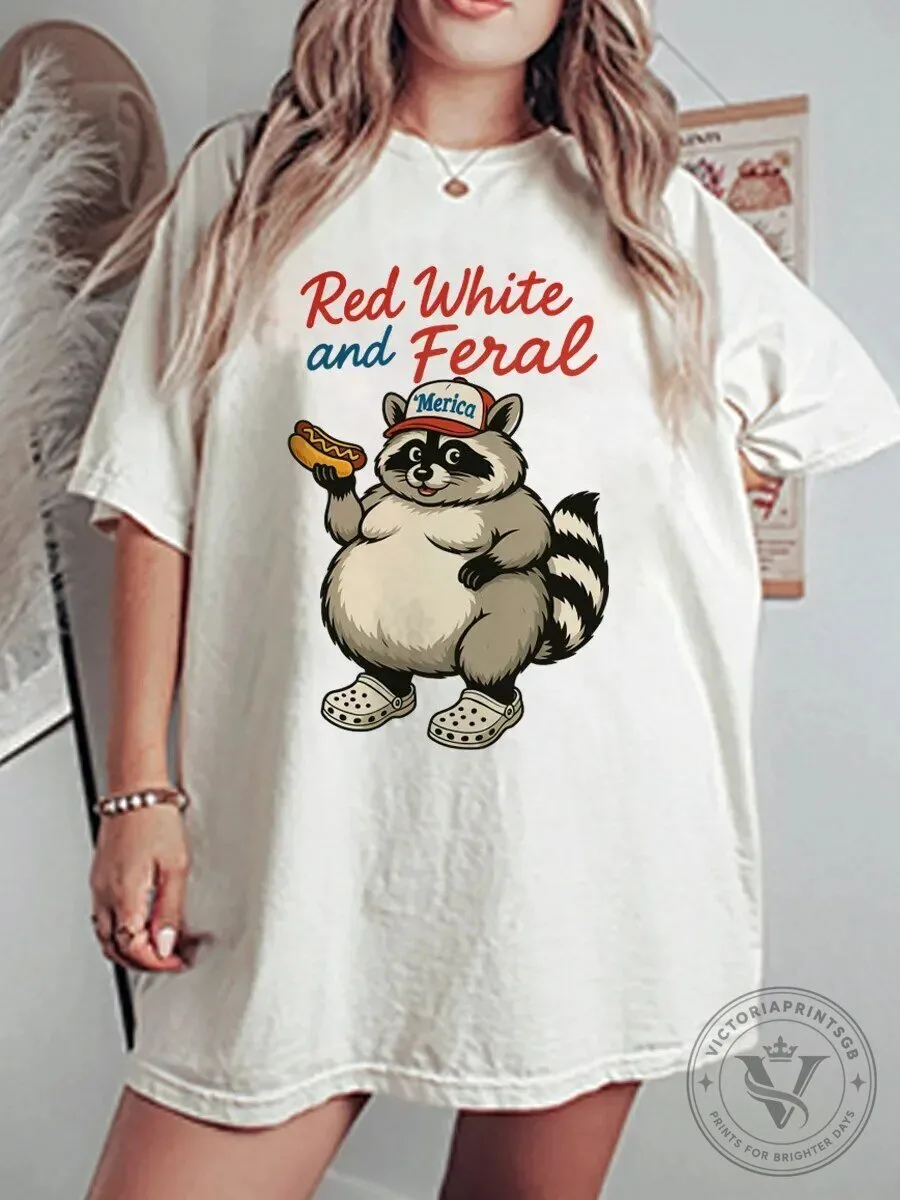 Red White And Feral Raccoon Eating Hot Dog T-Shirt
