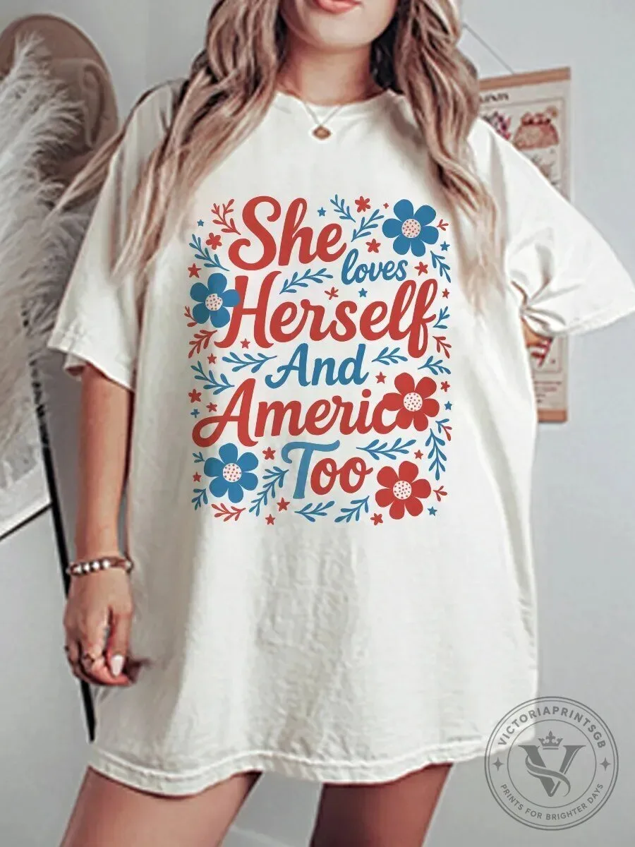 She Loves Herself And America Too Floral Patriotic Graphic T-Shirt