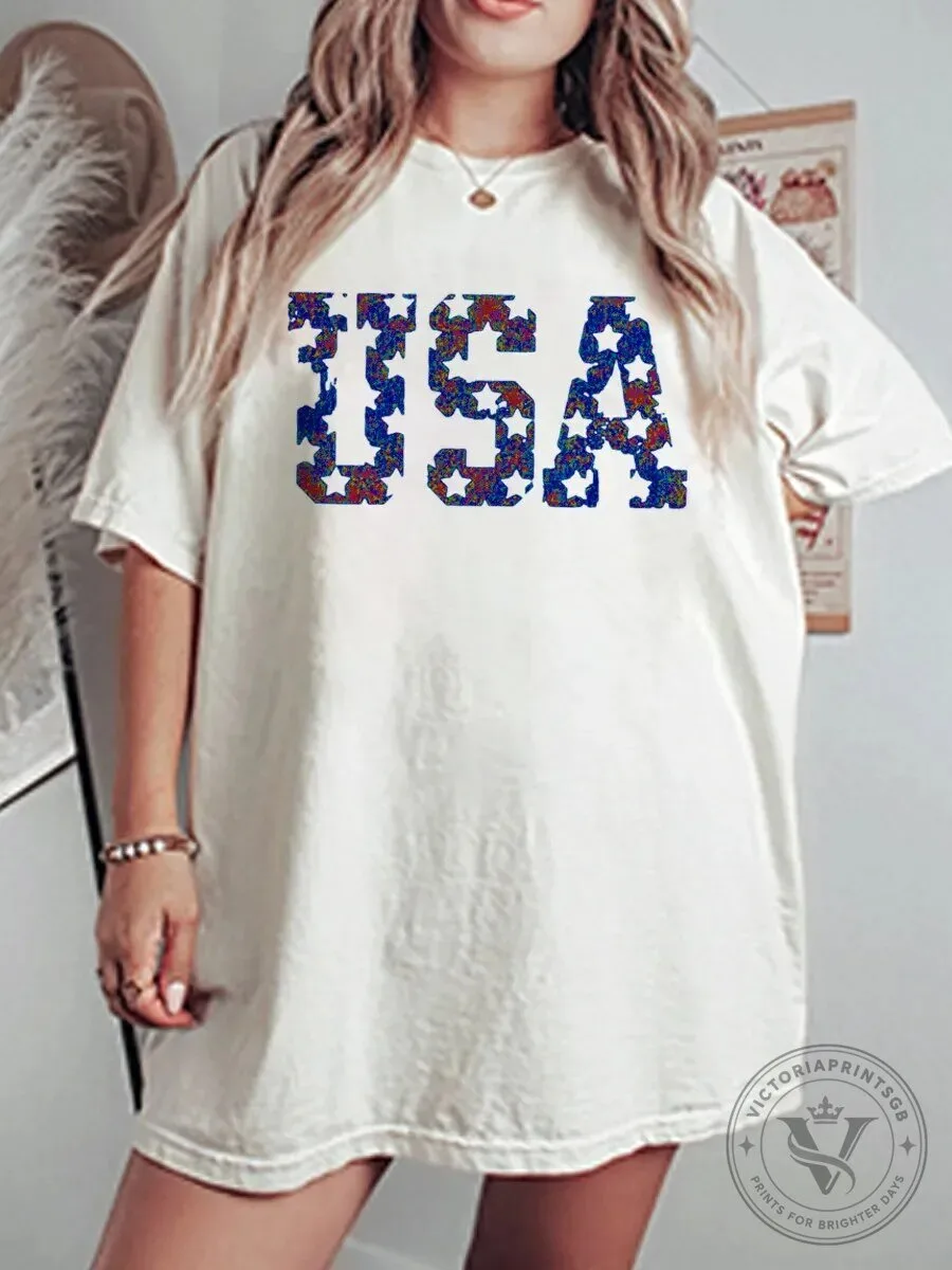 Vintage Distressed USA Oversized Graphic T-Shirt for Women